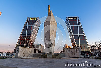 Sunrise view of Gate of Europe KIO Towers at Paseo de la Castellana street in City of Madrid, Editorial Stock Photo