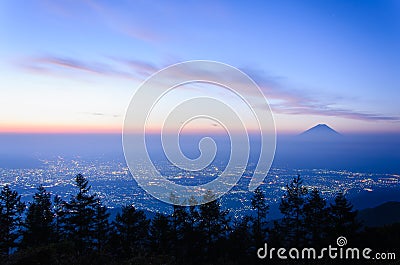 Sunrise View of the Kofu city and Mt.Fuji Stock Photo