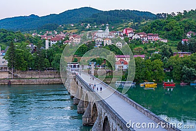 Sunrise view of Mehmed Pasa Sokolovic Bridge in Visegrad, Bosnia Stock Photo