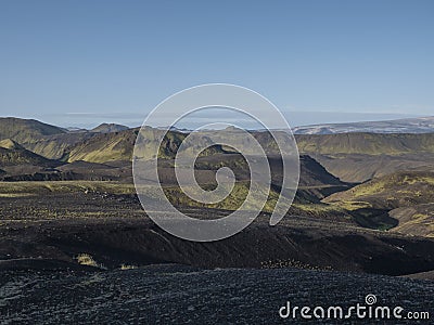 Sunrise view on Myrdalsjokull glacier. from Botnar campsite at Iceland on Laugavegur hiking trail, green valley in Stock Photo