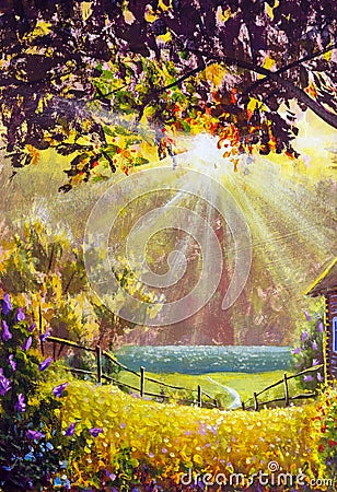 Sunrise in village landscape painting, small cozy house, flowering bushes of lilac and roses artwork Cartoon Illustration