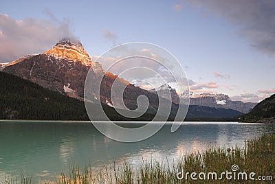 Sunrise at Waterfowl Lake in Canadian Rockies Stock Photo