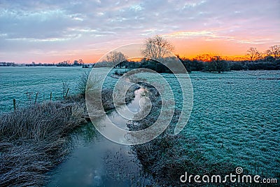 Sunrise on winter frosty morning Stock Photo