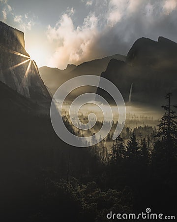 Sunrise at Yosemite National Park as Seen from Tunnel View Stock Photo