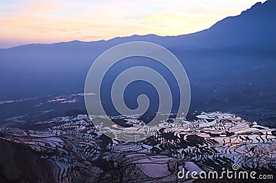 Sunrise in Yuanyang rice terraces Stock Photo