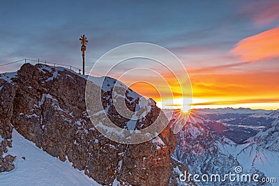 Sunrise on Zugspitze mountain summit Stock Photo