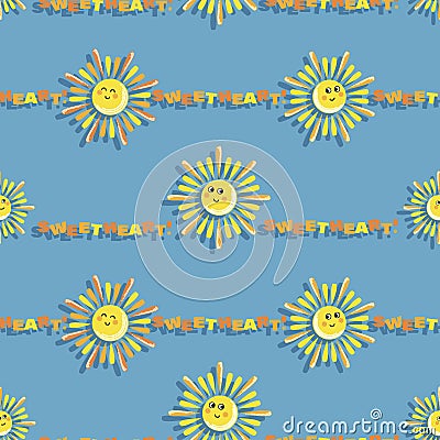 Suns. Sweetheart. Vector baby background. Cartoon sun and color lettering on blue sky background. Vector Illustration