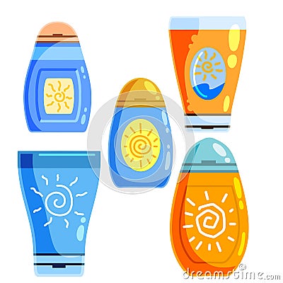 Sunscreen in bottle. Sun cream. Cosmetics for tanning. Vector Illustration