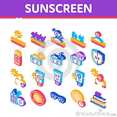 Sunscreen Isometric Elements Icons Set Vector Vector Illustration