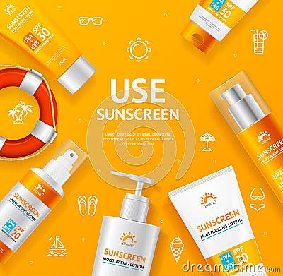 Sunscreen Concept Banner Card with Realistic 3d Detailed Elements. Vector Vector Illustration
