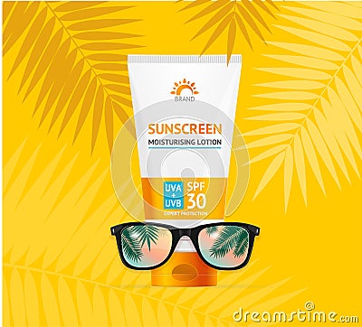 Sunscreen Concept Banner Card with Realistic 3d Detailed Sunglass. Vector Vector Illustration