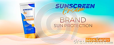 Sunscreen cream horizontal ads banner. Sun care sunscreen poster with realistic 3d cosmetic tube. Vector Illustration