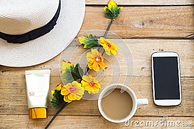 Sunscreen for heatlh care skin face with accessories of lifestyle woman Stock Photo