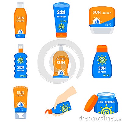 Sunscreen icons set, flat style Vector Illustration