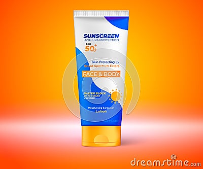 Sunscreen isolated on orange background, vector sunblock cream ads poster or banner Vector Illustration