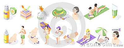 Sunscreen isometric recolor set of isolated sun protection products sunburn creams and people on blank background vector Vector Illustration