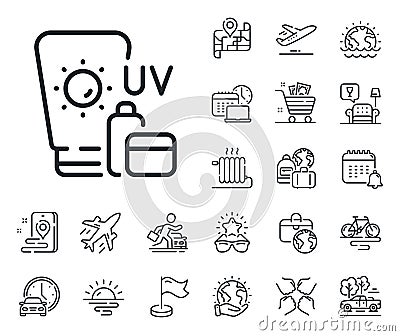 Sunscreen line icon. Uv Sun cream sign. Plane jet, travel map and baggage claim. Vector Vector Illustration
