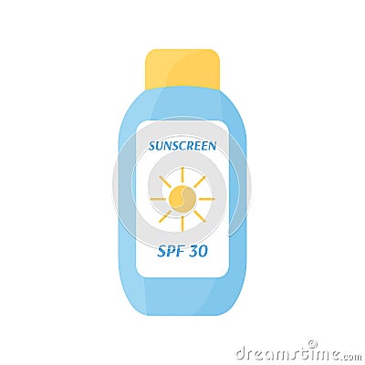 Sunscreen lotion bottle isolated. Summer skin care product. UV protection cream in cosmetic package. Safe tanning concept. Flat Vector Illustration