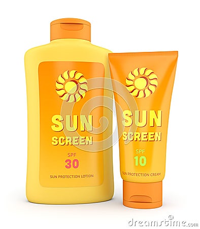 Sunscreen lotion and cream bottle and tube isolated on white Stock Photo