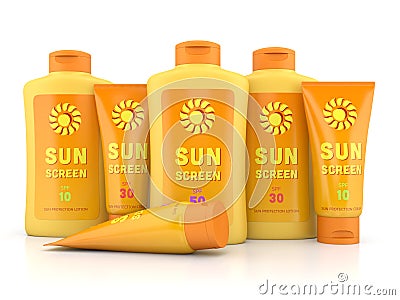 Sunscreen lotion and cream bottles and tubes isolated on white Stock Photo