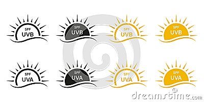 Sunscreen Lotion, SPF UVA UVB Protect Icon Set. Sunblock Cream Labels. UV Skin Protection Pictogram. Anti Ultraviolet Vector Illustration