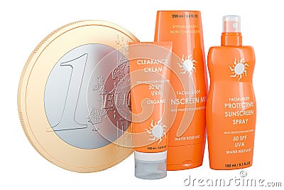 Sunscreen products with euro coin, 3D rendering Stock Photo