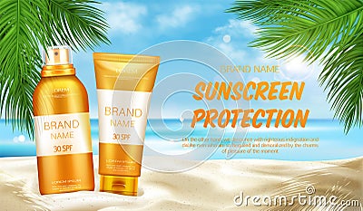Sunscreen protection cosmetic, mock up banner Vector Illustration