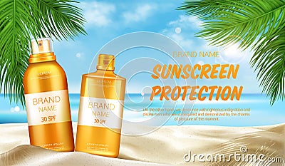 Sunscreen protection cosmetic, mock up banner Vector Illustration