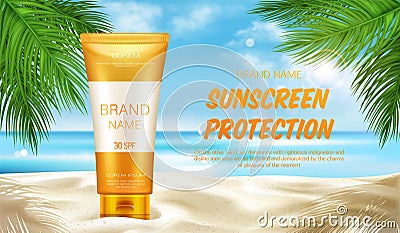 Sunscreen protection cosmetic, mock up banner Vector Illustration