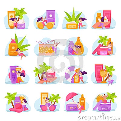 Sunscreen Skin Care Icons Vector Illustration