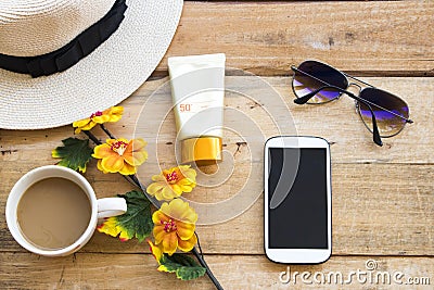 Sunscreen for heatlh care skin face with accessories of lifestyle woman Stock Photo