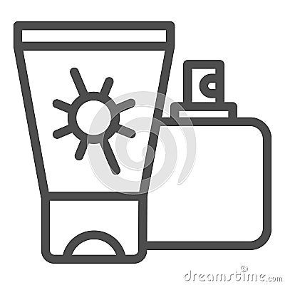 Sunscreen and spray line icon, Aquapark concept, Sun cream containers sign on white background, Sun protection cream and Vector Illustration