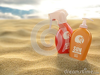 Sunscreen sprays and cream on a sea sand background. Products for sunburn. Cartoon Illustration