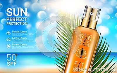 Sunscreen Sprays Summer Sunblock Cosmetic Design Template on Beach Background Exotic Palm Leaves. Concept Advertising Vector Illustration