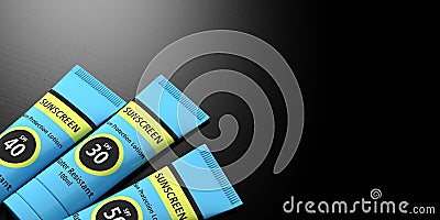 Sunscreen, sun protection lotion on black background, copy space. 3d illustration Cartoon Illustration