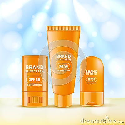 Sunscreen and sunblock cream and stick. Vector realistic 3d illustration of sun protection cosmetics Vector Illustration