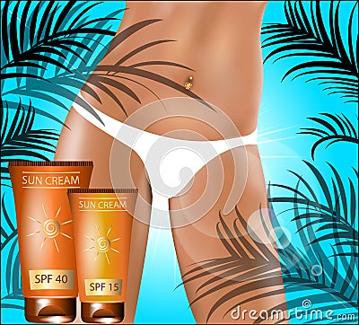 Sunscreen. Suntanned female hip. Vector Illustration