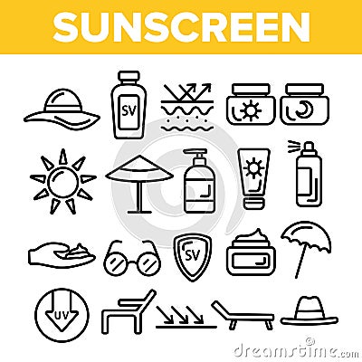 Sunscreen, UV Defence Vector Thin Line Icons Set Vector Illustration