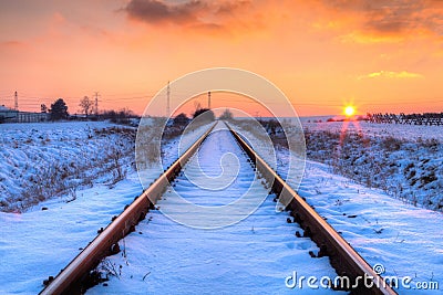 Sunset on the abandoned railway tracks - HDR Image Stock Photo
