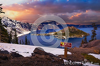 Sunset above Crater Lake and Wizard Island, Oregon, USA Editorial Stock Photo