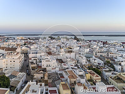 Sunset aerial cityscape in Olhao, Algarve fishing village view of ancient neighbourhood of Barreta Editorial Stock Photo