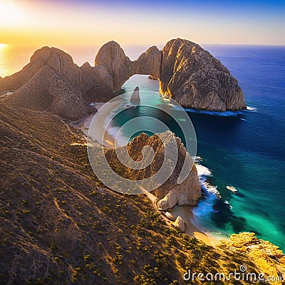 Sunset aerial photo of the Cabo San Lucas Arch taken in Baja Cartoon Illustration