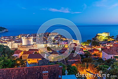 Sunset aerial view of Croatian town Dubrovnik, Lovrijenac fortress and Lokrum island Stock Photo