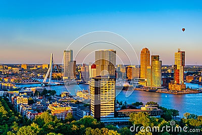Sunset aerial view of Erasmus bridge and skyline of Rotterdam, Netherlands Editorial Stock Photo