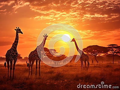 Sunset in african savanna with a giraffe herd Cartoon Illustration