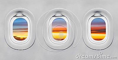 Sunset at airplane window Stock Photo