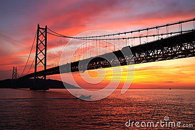 Sunset at Akashi Kaikyo Bridge Stock Photo