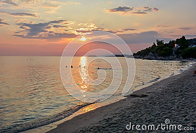 Sunset on Akti Koviou beach on Sithonia peninsula, Chalkidiki, Greece Stock Photo