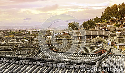 Sunset Along the Rooftops of Lijiang Stock Photo