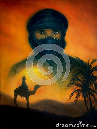 Sunset in arabian desert with silhouette of dunes and arabian man on camel, beautiful colorful painting. Stock Photo